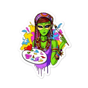 Hippie Alien Vinyl Sticker - Painting Artist Decal - Funny Artist Sticker - Painter Sticker - Art Student Gifts - Painting Lover Gifts