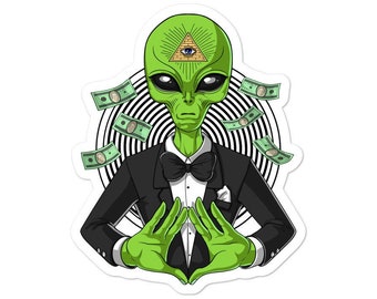 Space Alien Illuminati sticker - psychedelische sticker - vrijmetselaars samenzwering stickers - occulte vrijmetselaars vinyl sticker - alziend oog sticker