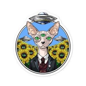 Psychedelic Sphynx Cat Sticker - Trippy Hairless Cat Sticker - Alien Abduction Sticker - Sunflowers Sticker - UFO Vinyl Sticker