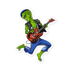 Sticker extraterrestre jouant de la guitare - Sticker guitariste - Cadeaux pour guitariste - Cadeaux pour amateur de guitare - Cadeau extraterrestre drôle - Sticker Heavy Metal