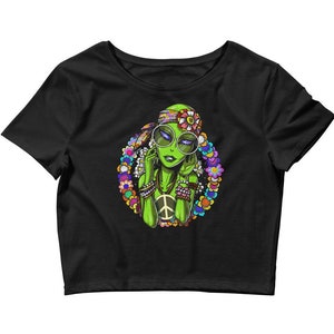 Hippie Alien Crop Top, Floral Womens Shirt, Hippie Clothing, Hippie Clothes, Flowers Shirt, Short Sleeve Tee, Hippie Apparel, Hippie Outfit