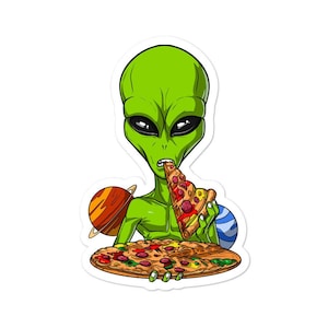 Space Alien Eating Pizza Vinyl Sticker - Alien Lover Gifts - Pizza Lover Gifts - Extraterrestrials - Kids Alien Decals - Funny Pizza Sticker