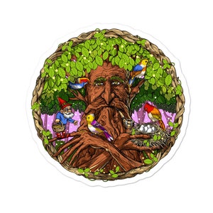 Forest Talking Tree Sticker - Fantasy Nature Vinyl Sticker - Garden Gnome Sticker - Psychedelic Hippie Sticker - Fairy Sticker - Birds Decal
