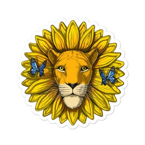 Lion Sunflowers Sticker - Hippie Stickers - African Animal Decal - Funny Lion Decals - Mens Lion Gift - Womens Lion Gifts - Kids Lion Gifts