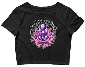 Lotus Zen Fitted Crop Top, Yoga Shirt, Sacred Geometry Womens Tee, Flower Of Life Shirt, Spiritual Clothes, Meditation Clothing