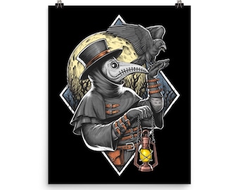 May include: A graphic art print featuring a plague doctor wearing a top hat and a long-beaked mask. The figure holds a glowing yellow lantern and a black bird, set against a large yellow moon and a diamond-shaped frame on a black background.