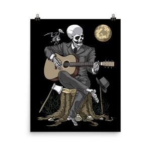 Skeleton Playing Guitar Poster - Gothic Skull Wall Decor - Fantasy Goth Art Print - Macabre Scary Room Decor - Horror Spooky Poster
