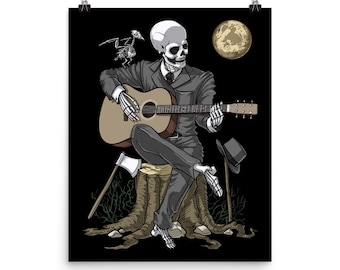 Póster de esqueleto tocando la guitarra - Decoración de pared con calavera gótica - Impresión de arte gótico de fantasía - Decoración de habitación macabra y aterradora - Póster de terror espeluznante