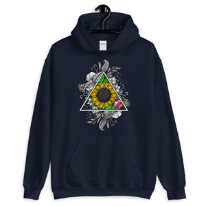 May include: A navy blue hoodie with a graphic of a sunflower inside a triangle surrounded by floral designs.