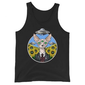 Psychedelic Sphynx Cat Tank Top, Hairless Cat Tank, Alien UFO Mens Tank, Sunflowers Tank, Sphynx Cat Clothes, Hairless Cat Clothing