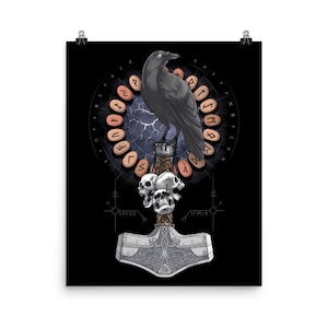 Norse Viking Warrior Hammer Poster - Nordic Mythology God Raven Wall Decor - Scandinavian Pagan Runes Art Print - Celtic Room Decor
