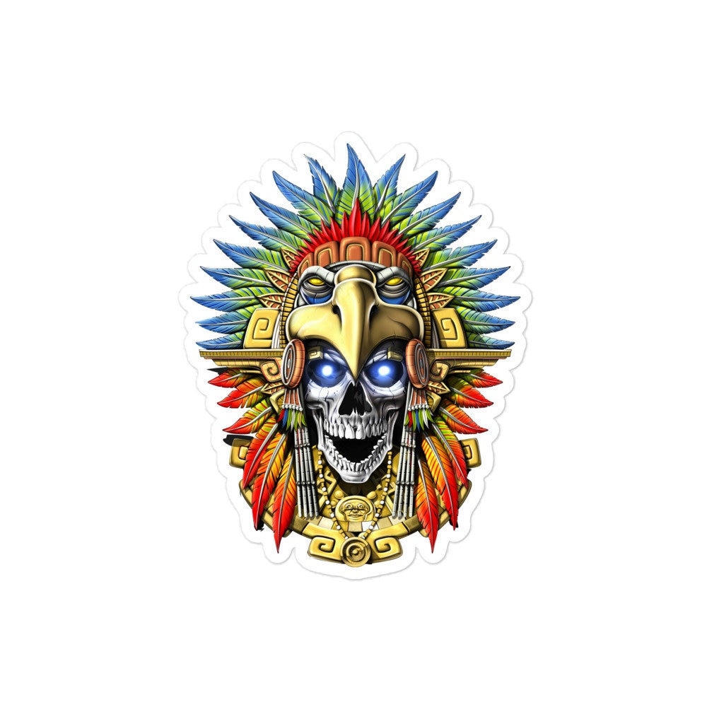 Aztec Jaguar Warrior Skull, Sticker, Decal Vinyl, Mexico