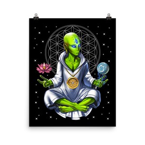 Alien Meditation Poster - Spiritual Zen Yoga Art Print - Space Alien Poster - Alien Wall Decor - Meditation Room Decor - Spiritual Gifts