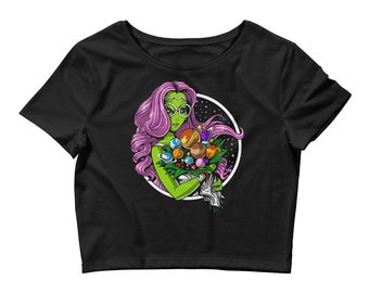 Camiseta corta hippie de extraterrestre, camiseta hippie para mujer, camiseta con flores, ropa hippie, ropa, camiseta de manga corta con flores, ropa hippie, atuendo con flores