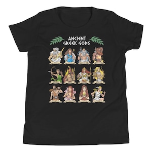 May include: Black youth t-shirt featuring a graphic of ancient Greek gods and goddesses. The text "Ancient Greek Gods" is at the top of the graphic. The gods and goddesses are depicted in a cartoon style.