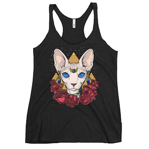 Egyptian Sphynx Cat Womens Tank Top, Bastet Cat Goddess Racerback Tank, Sphynx Cat Apparel, Hairless Cat Tank, Hairless Cat Clothing