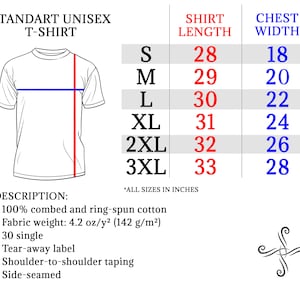 Puede incluir: Una tabla de tallas para una camiseta unisex con medidas en pulgadas para la longitud de la camiseta y el ancho del pecho. La tabla muestra las tallas S a 3XL. La descripci&oacute;n debajo de la tabla dice "100% algod&oacute;n peinado y hilado en anillo", "Peso del tejido: 4,2 oz/y2 (142 g/m&sup2;)", "30 simple", "Etiqueta desprendible", "Cinta de hombro a hombro", y "Costuras laterales".
