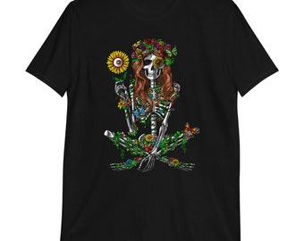 Uniseks T-shirt met skeletbloemen, uniseks hippie-T-shirt