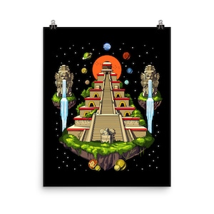 Space Aztec Pyramid Poster - Aztec Mythology Wall Decor - Native Mexican Art Print - Ancient Mayan Civilization Room Decor