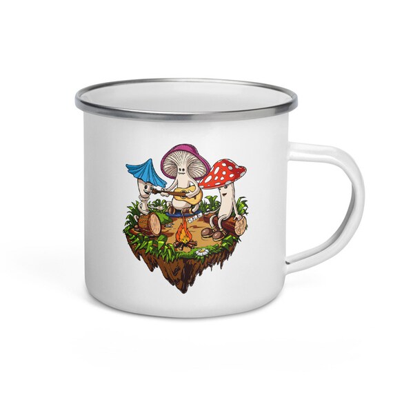 Hippie Mushrooms Camping Enamel Mug - Psychedelic Nature Campfire Mug - Forest Fungi Camping Coffee Cup - Hippie Travel Mug - Camper Gifts