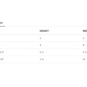 May include: A table showing the size, height, and width of different items in inches. The sizes are 3"x3", 4"x4", 5.5"x5.5", and 15"x3.75".