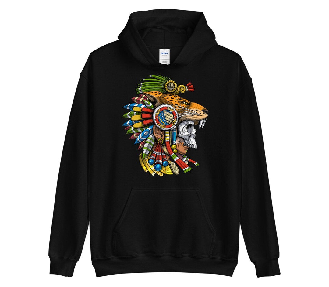 Aztec Jaguar Warrior Mask Hoodie Aztec Skull Clothing Mens Aztec Hoodie