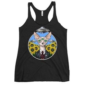 Psychedelic Sphynx Cat Womens Tank Top, Hairless Cat Tank, Alien UFO Racerback Tank, Sunflowers Tank, Sphynx Cat Clothes, Sphynx Cat Apparel