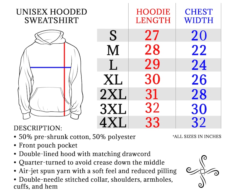 K&ouml;nnte beinhalten: Gr&ouml;&szlig;entabelle f&uuml;r Unisex-Kapuzenpullover mit Ma&szlig;en in Zoll f&uuml;r die L&auml;nge des Pullovers und die Brustweite. Die Gr&ouml;&szlig;en reichen von S bis 4XL. Die Beschreibung enth&auml;lt Details zum Stoff, zur Tasche, zur Kapuze und zu den N&auml;hten.