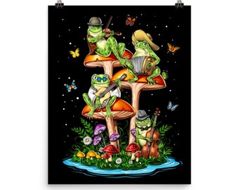 Op de afbeelding: Vier kikkers spelen muziekinstrumenten op drie paddenstoelen. De kikkers dragen hoeden en spelen gitaar, accordeon, viool en cello. De paddenstoelen zijn rood en oranje met witte stippen. De achtergrond is zwart met vlinders.