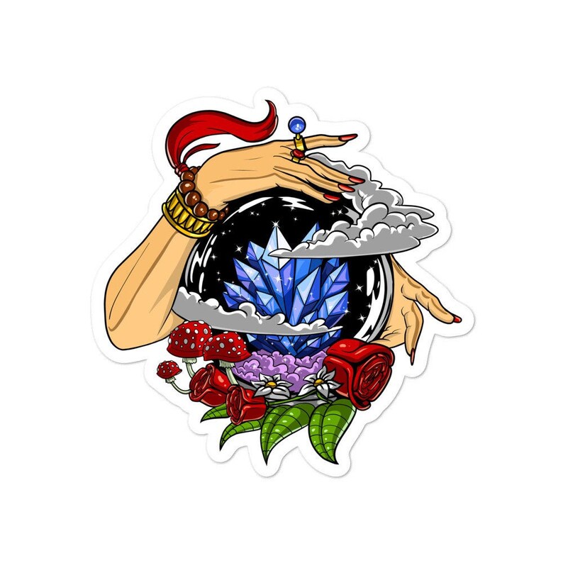 May include: A sticker featuring a mystical design. Two hands hold a crystal ball with a blue crystal formation inside. Red roses, mushrooms, and other floral elements surround the ball. The hands are adorned with jewelry, and the design has a cartoon style.