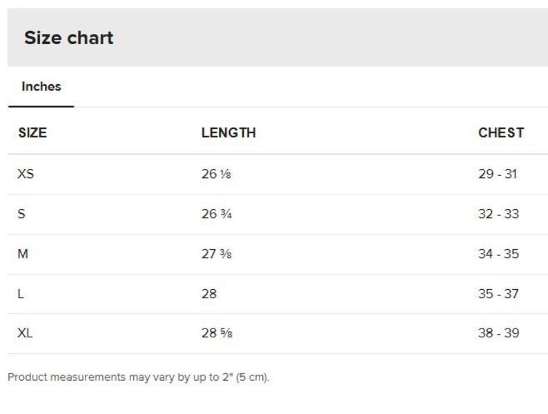 the size chart for a men's shirt