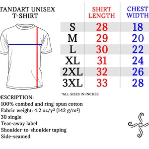 May include: A white unisex t-shirt with a size chart. The chart lists shirt length and chest width in inches for sizes S to 3XL. The shirt is made of 100% combed and ring-spun cotton, with a fabric weight of 4.2 oz/y&sup2;.