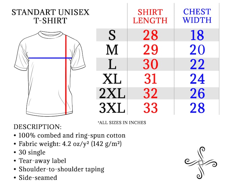 May include: A white unisex t-shirt with a size chart. The chart lists shirt length and chest width in inches for sizes S to 3XL. The shirt is made of 100% combed and ring-spun cotton, with a fabric weight of 4.2 oz/y&sup2;.
