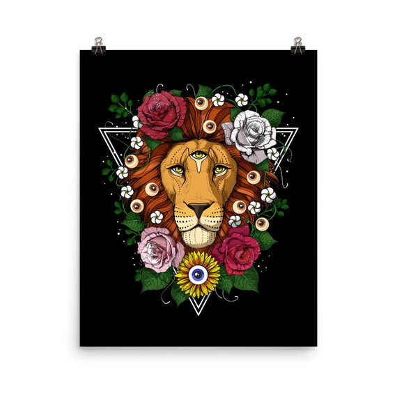 Psychedelic Lion Poster, Trippy Poster, Lion Wall Decor, Flowers Art Print, Floral Room Decor, Lion Art Print, Botanical Nature Poster