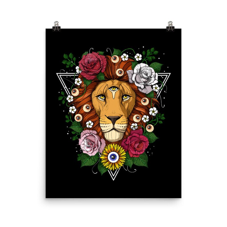 May include: A psychedelic illustration of a lion's head with three eyes and a floral crown. The lion is surrounded by a triangle with a starry background. The flowers are in shades of red, pink, white, and yellow.