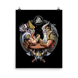 Norse Gods Poster, Arm Wrestling Wall Decor, Nordic Mythology Art Print, Viking Warrior Room Decor, Scandinavian Art, Pagan Poster