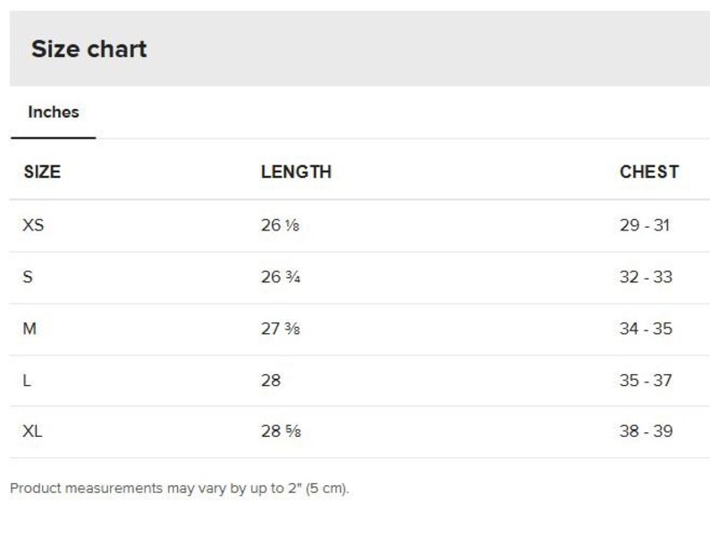 the size chart for a men's shirt