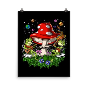 Pilz Frösche Poster, Psychedelisches Poster, Wald Wand Dekor, Hippie, Zimmer Dekor, Trippy Kunstdruck, Frösche Kunstdruck, Pilze Poster