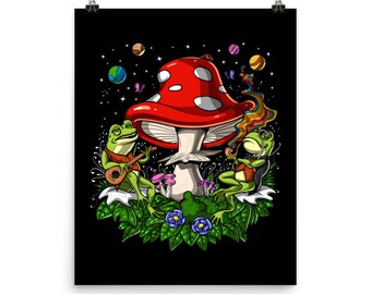 Op de afbeelding: Twee groene kikkers die op een grote rode en witte paddenstoel zitten met een regenboog rookstreep. De kikkers spelen muziekinstrumenten en er zijn kleine planeten en sterren op de achtergrond.