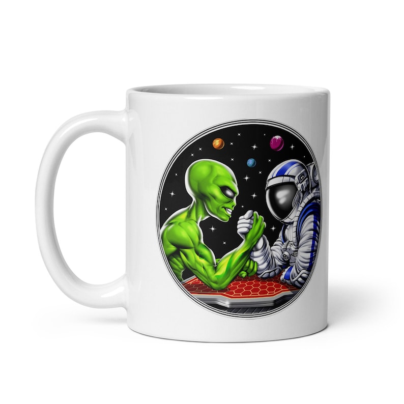 Alien Astronaut Arm Wrestling Mug, Space Alien Mug, Arm Wrestling Mug, Extraterrestrials Mug, Alien Coffee Cup, Arm Wrestling Lover Gifts image 1