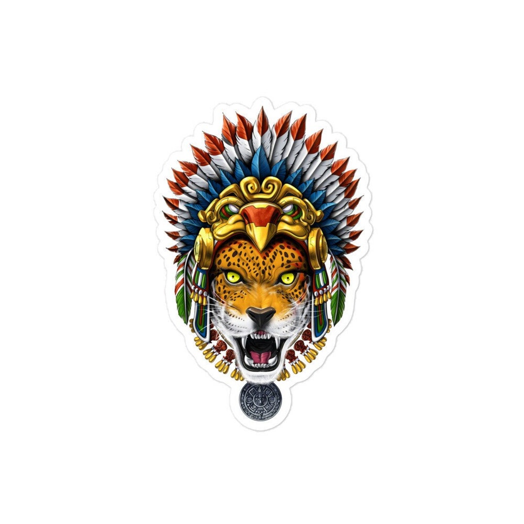 Aztec Jaguar Warrior Skull, Sticker, Decal Vinyl, Mexico