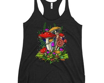 Camiseta sin mangas de mujer con hongos del bosque, camiseta sin mangas con espalda cruzada con hongos, camiseta sin mangas con motivos naturales, ropa de búsqueda de alimentos, camiseta sin mangas con hongos, camiseta sin mangas con motivos botánicos, ropa botánica