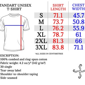 May include: A size chart for a unisex t-shirt, showing shirt length and chest width measurements in inches for sizes S, M, L, XL, 2XL, and 3XL. The description includes details about the fabric: 100% combed and ring-spun cotton, fabric weight of 4.2 oz/y2 (142 g/m2), 30 single, tear-away label, shoulder-to-shoulder taping, and side-seamed.