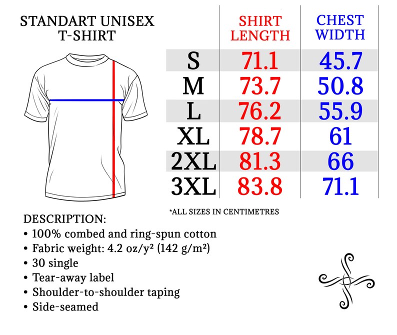May include: A size chart for a unisex t-shirt, showing shirt length and chest width measurements in inches for sizes S, M, L, XL, 2XL, and 3XL. The description includes details about the fabric: 100% combed and ring-spun cotton, fabric weight of 4.2 oz/y2 (142 g/m2), 30 single, tear-away label, shoulder-to-shoulder taping, and side-seamed.