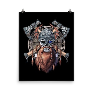Viking Warrior Skull Poster - Norse Mythology Wall Decor - Nordic Pagan Art Print - Viking Runes Room Decor - Viking Axe Poster Gift