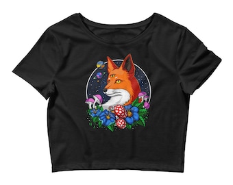 Psychedelic Fox Fitted Crop Top, Fox Womens Shirt, Fox Clothing, Forest Shirt, Floral Cropped Tee, Nature Apparel, Fox Clothes, Fox Outfit