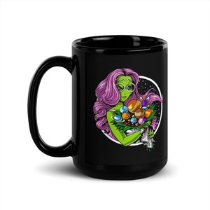 Alien Black Coffee Mug, Hippie Coffee Mug, Alien Mug, Floral Mug, Flowers Mug, Alien Coffee Cup, Hippie Gifts image 3