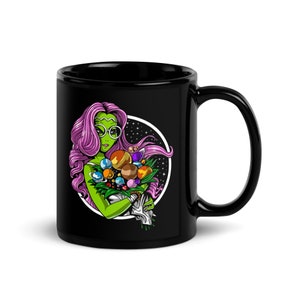 Alien Black Coffee Mug, Hippie Coffee Mug, Alien Mug, Floral Mug, Flowers Mug, Alien Coffee Cup, Hippie Gifts image 2