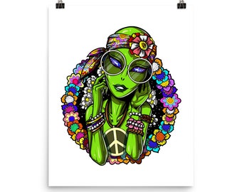 Hippie Poster, Alien Poster, Alien Wall Decor, Hippie Art Print, Floral Poster, Flowers Poster, Alien Room Decor, Alien Lover Gifts
