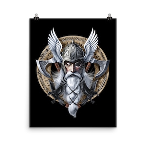 Norse Viking Warrior Poster - Nordic Mythology God Wall Decor - Pagan Ravens Art Print - Scandinavian Room Decor - Norse Viking Gifts